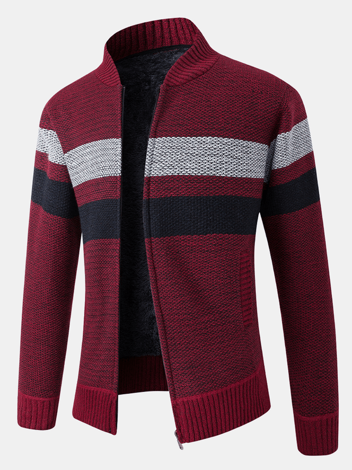 Mens Patchwork Zip Front Rib-Knit Plush Lined Cotton Cardigans with Pocket - MRSLM