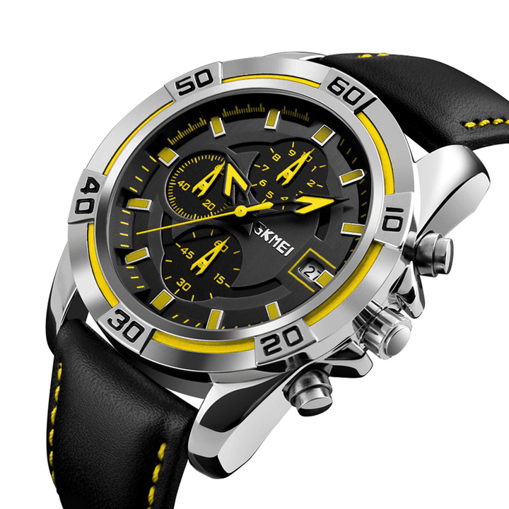 SKMEI 9156 Sport Watch Chronograph Leather Strap Waterproof Men Quartz Wrist Watch - MRSLM