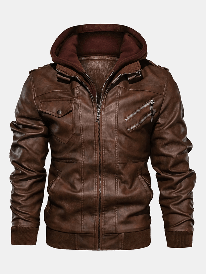 Mens Solid Color Multi Pocket Zipper PU Leather Removable Hooded Jackets - MRSLM