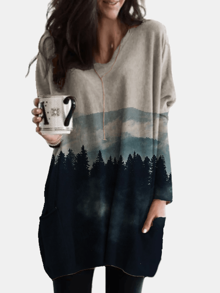 Casual Landscape Printed V-Neck Long Sleeve Side Pocket Blouse for Women - MRSLM