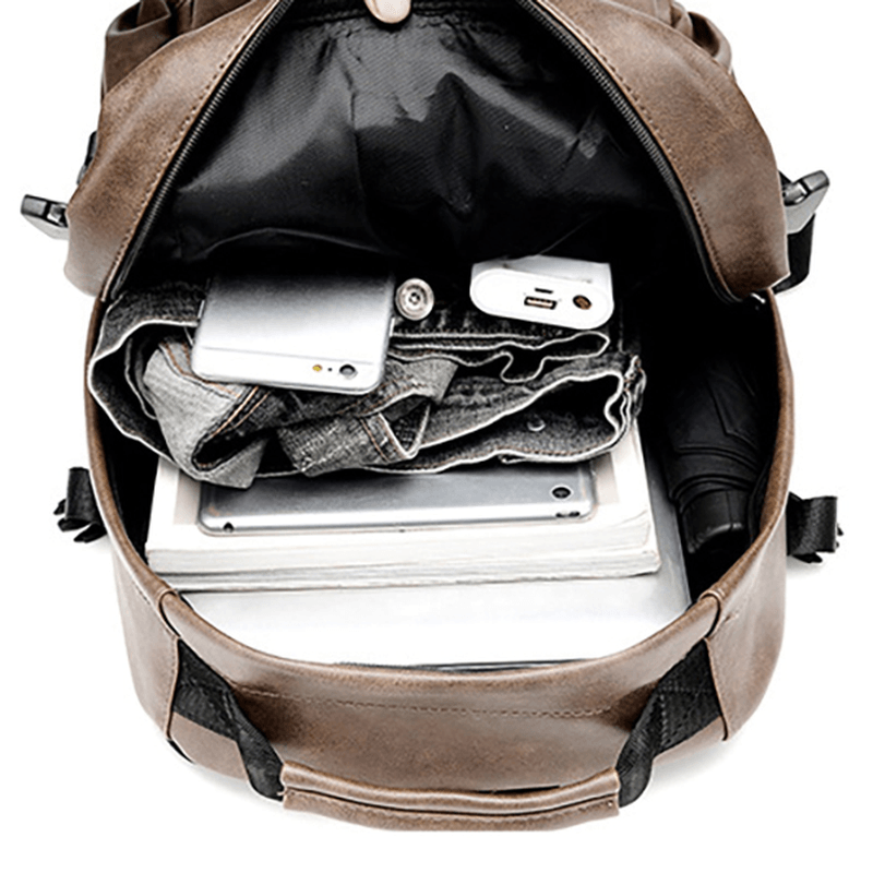 Men Business PU Leather Solid Backpack Casual Computer Bag - MRSLM