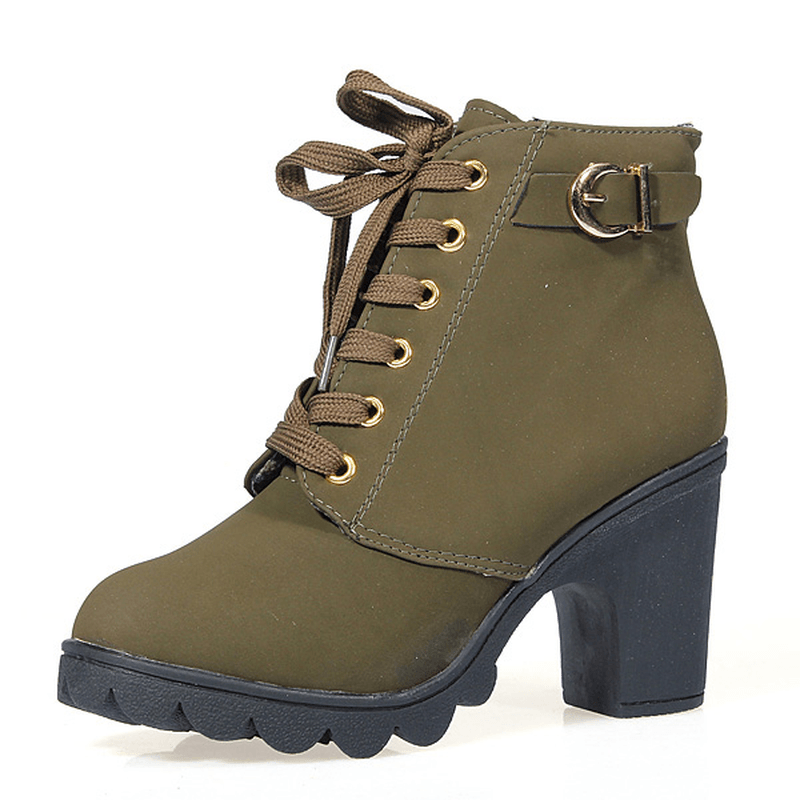 Women Girl High Top Heel Ankle Boots Winter Pumps Lace up Buckle Suede Shoes - MRSLM