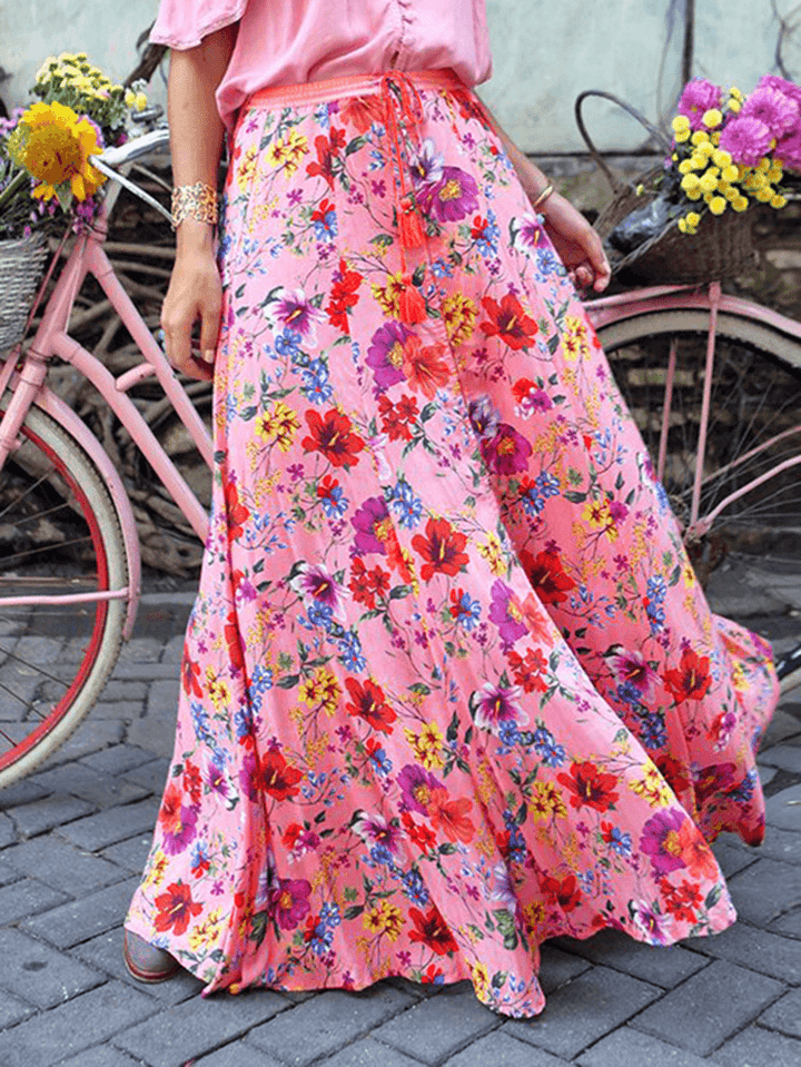 Colorful Floral Print Big Swing Elastic Waist Holiday Casual Long Skirt for Women - MRSLM