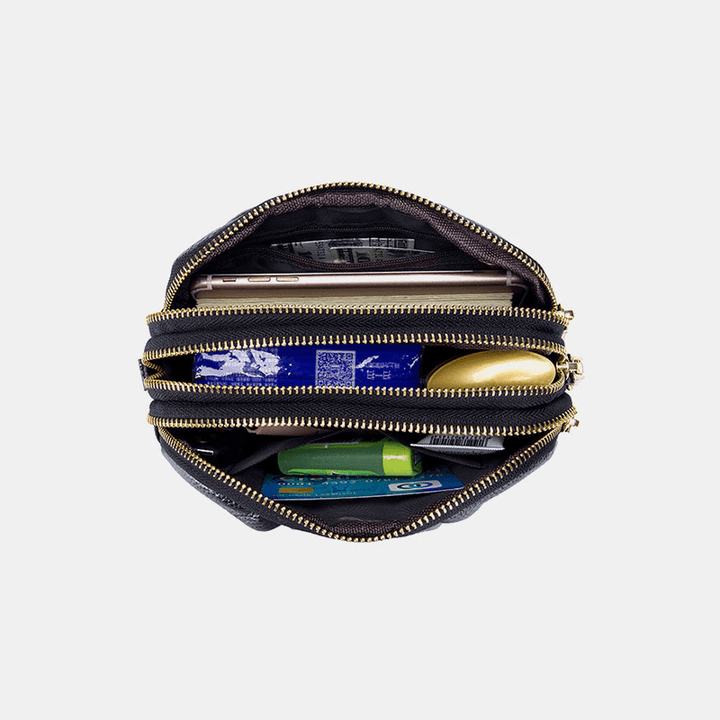 Women Genuine Leather 3 Zipper Pocket Fold Design Crossbody Bag - MRSLM