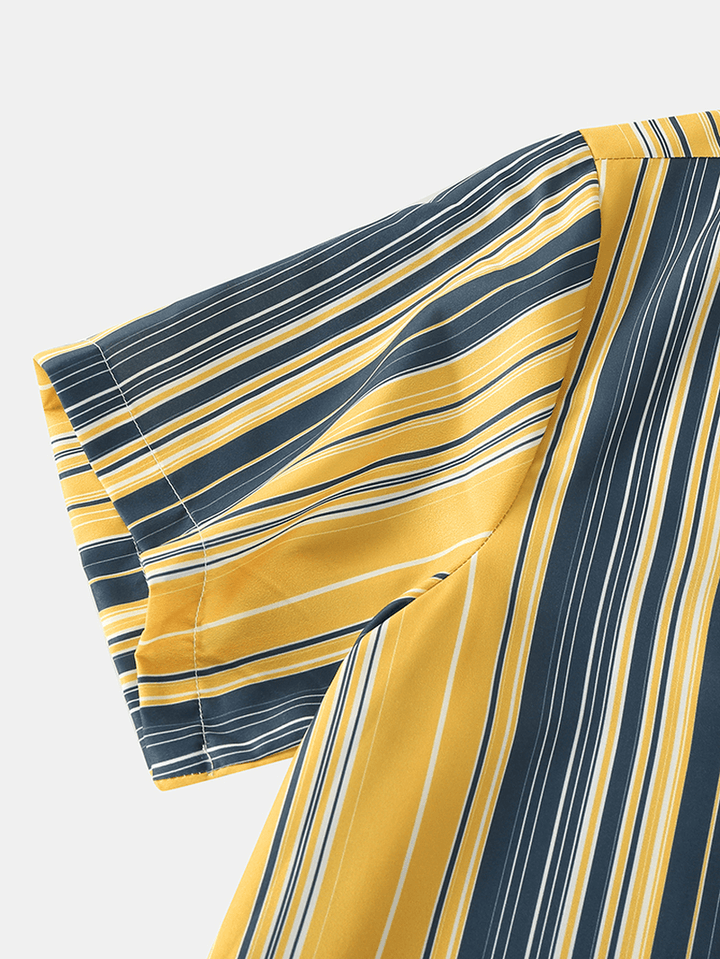 Mens Stripe Print Revere Collar Short Sleeve Elastic Waist Pants Home Cotton Pajama Set - MRSLM