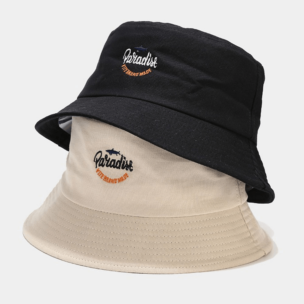 Unisex Cotton Solid Color Shark Letter Pattern Embroidery Fashion Sunshade Bucket Hat - MRSLM