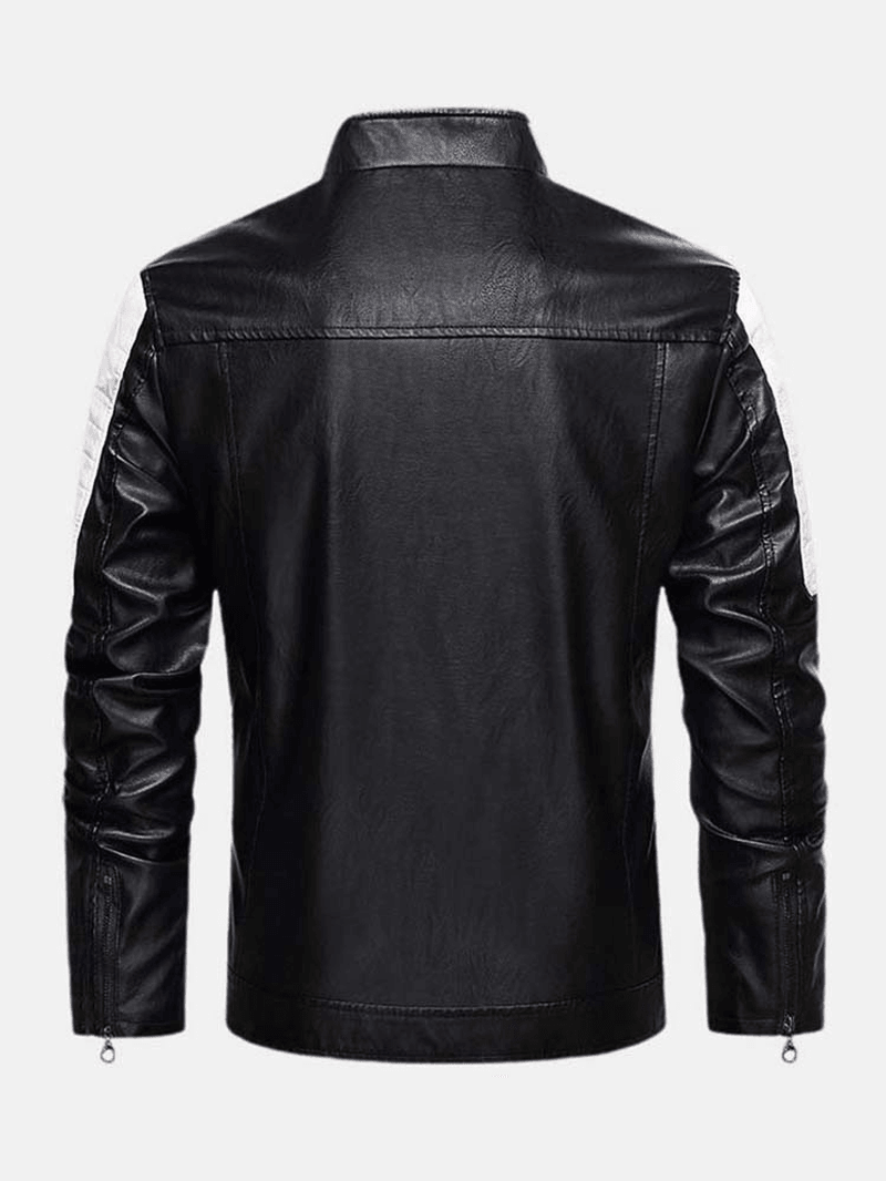 Mens Contrast Patchwork Washed Motorcycle PU Leather Jacket with Pocket - MRSLM