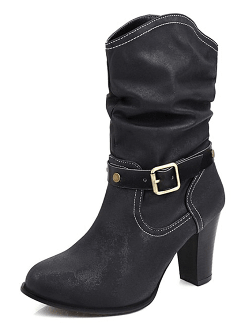Women Metal Buckle Strap Decor Solid Color Chunky Heel Mid-Calf Motorcycle Boots - MRSLM