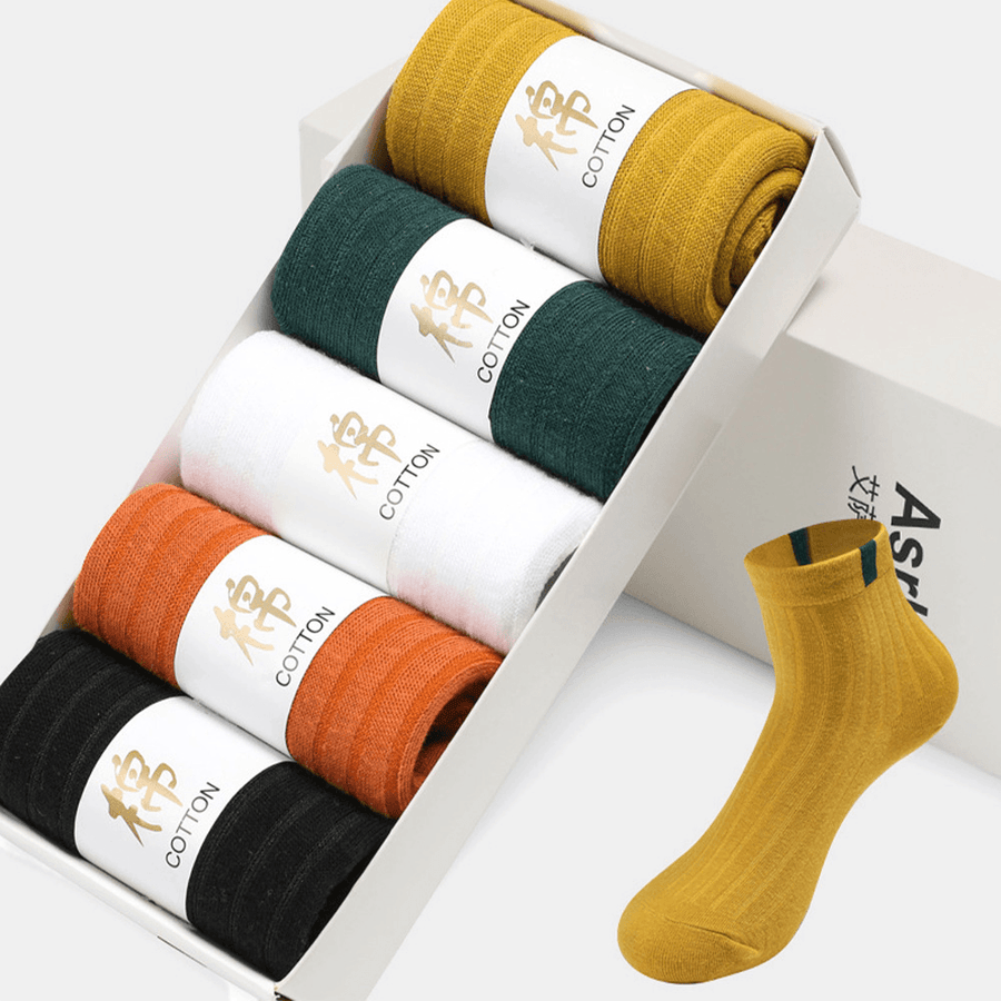 5 Pairs Unisex Cotton Solid Color Striped Pattern Deodorant Sweat-Absorbent Breathable Tube Socks - MRSLM