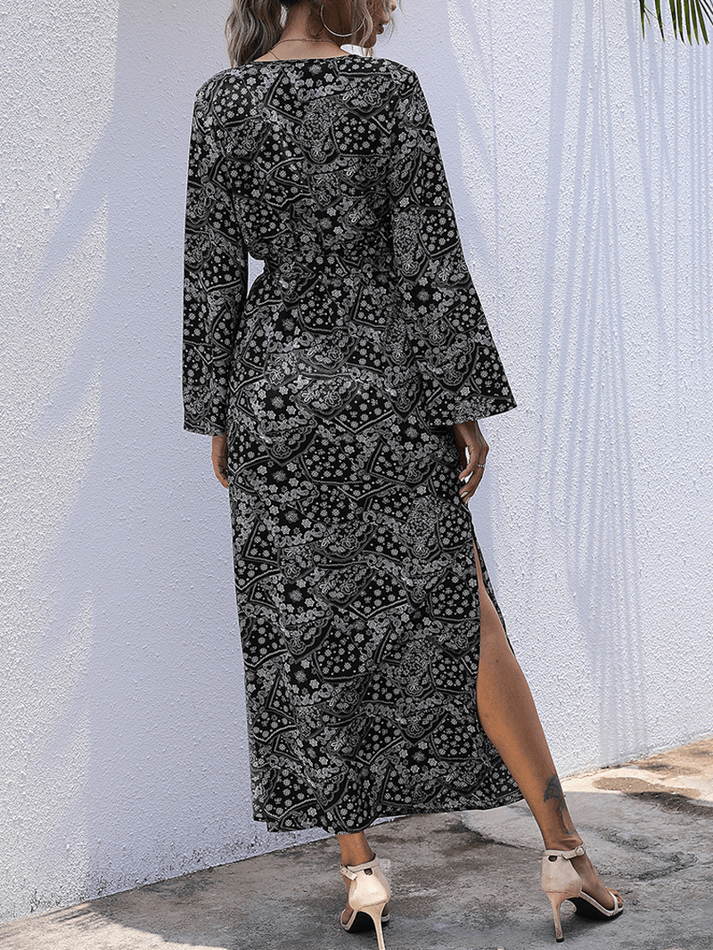Women Ethnic Style Print Long Sleeve Side Split Casual Maxi Dresses - MRSLM