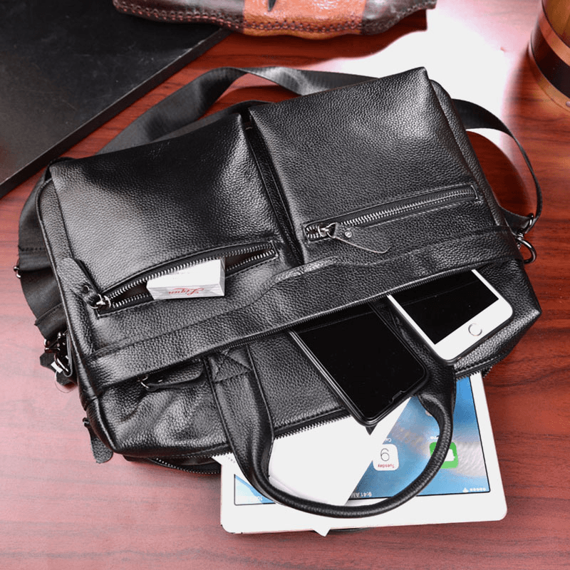 Men Genuine Leather Business Multi-Carry 14 Inch Laptop Bag Briefcase Crossbody Bag Shoulder Bag - MRSLM
