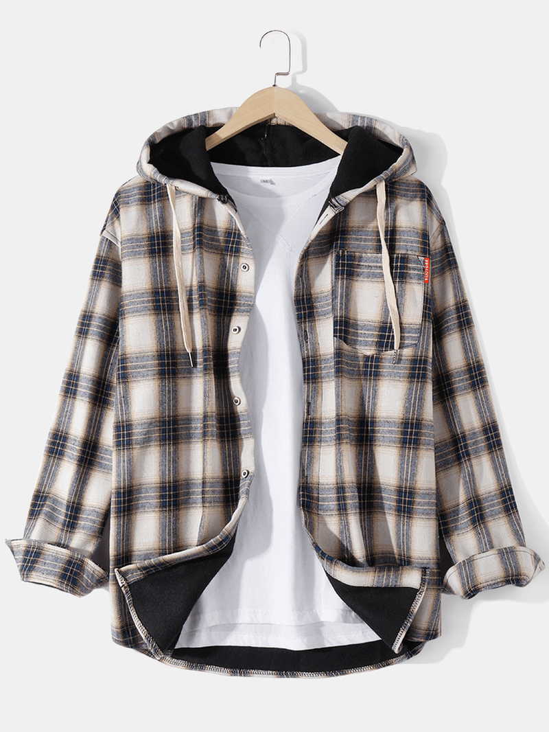 Mens Vintage Plaid Button up Thick Warm Lined Hooded Jacket - MRSLM