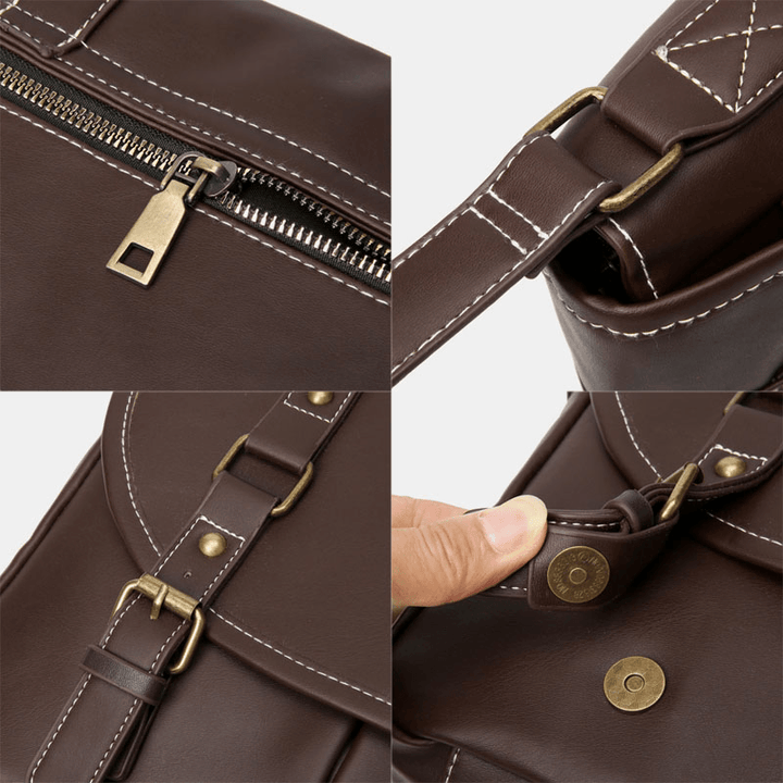 Men Vintage Large Capacity Multi-Pocket PU Leather Teacher Bag Crossbody Bag Brief Shoulder Bag - MRSLM