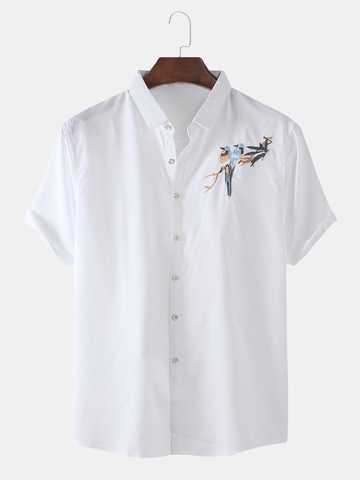 Mens Magpie Embroidery Solid Turn down Collar Short Sleeve Shirts - MRSLM