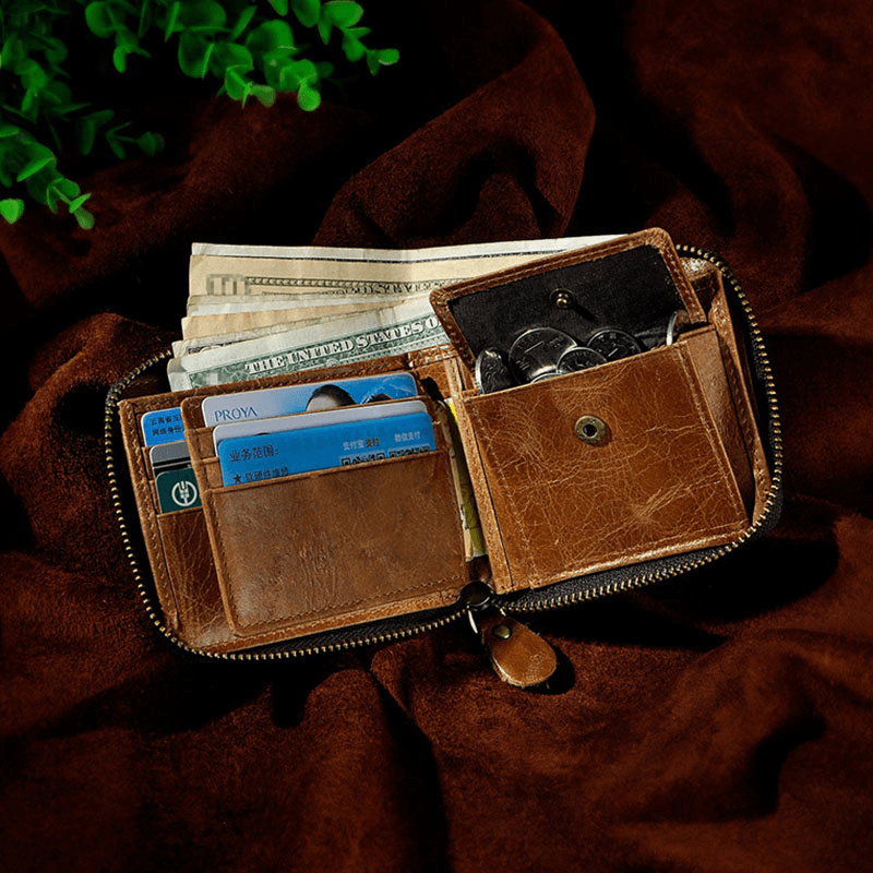 Men Genuine Leather Cowhide Retro Classical Bifold Zipper Card Holder Wallet - MRSLM