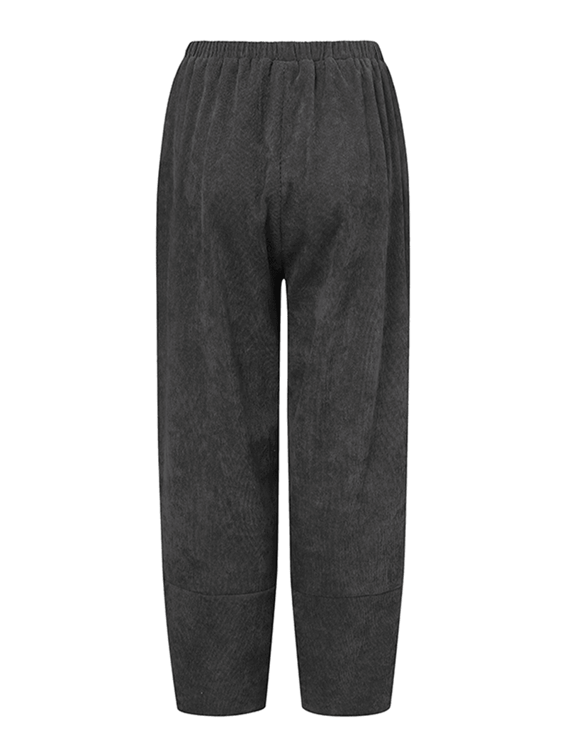 Women Corduroy Solid Color Elastic Waist Harem Pants with Pocket - MRSLM