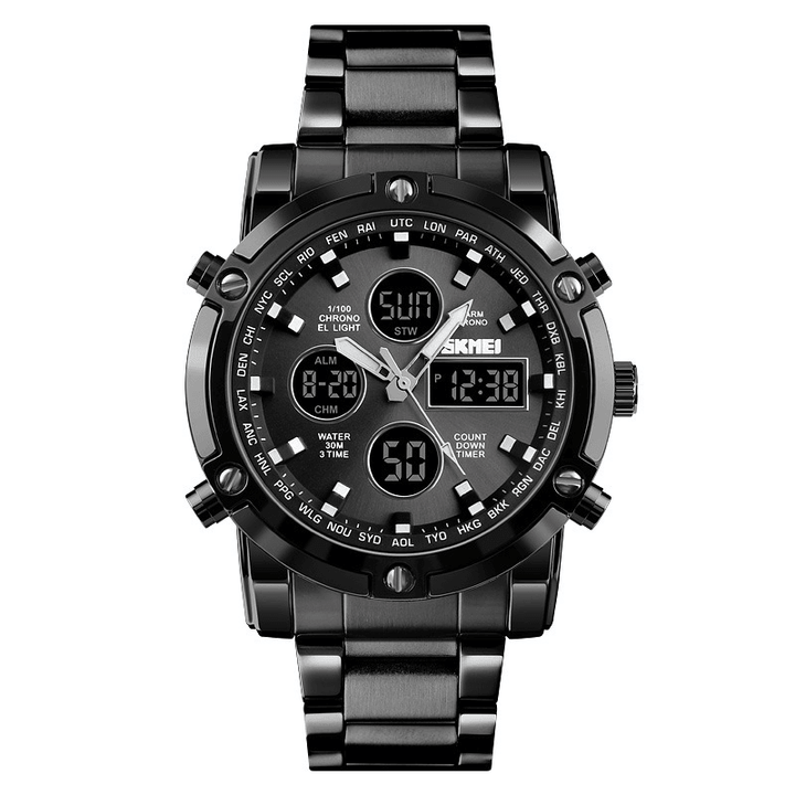 SKMEI 1389 Business Style Multifunction Big Dial Quartz Watch Waterproof Steel Band Men Wrist Watch - MRSLM