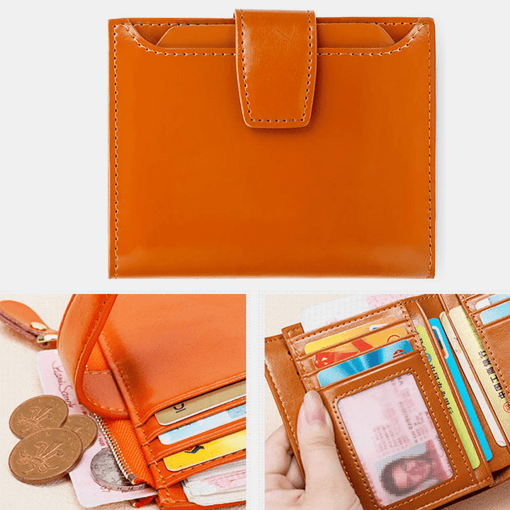 Women Genuine Leather Bifold Short RRFID Anti-Magnetic Wallet 17 Card Slot Card Case Coin Purse - MRSLM