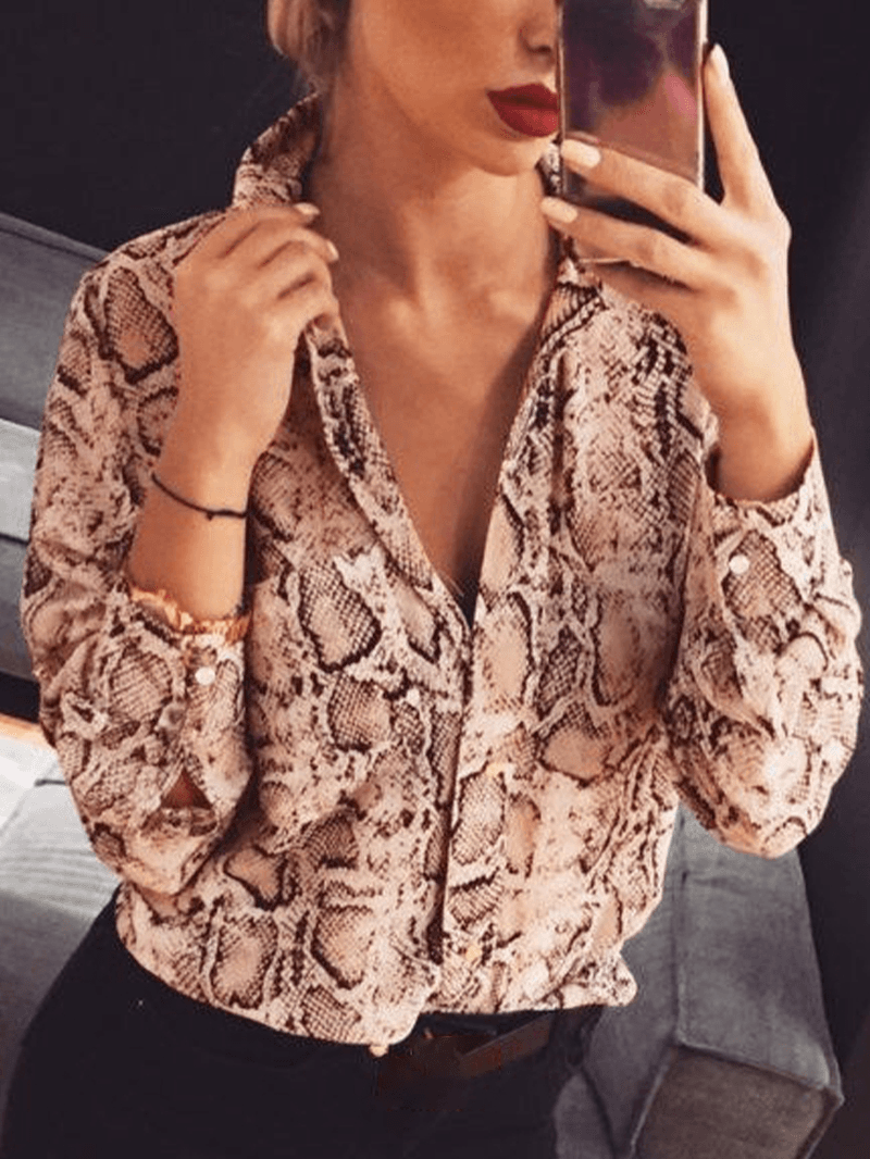 Women Cobra Snake Printed Long Sleeve Button Shirt Stylish Button Blouse - MRSLM