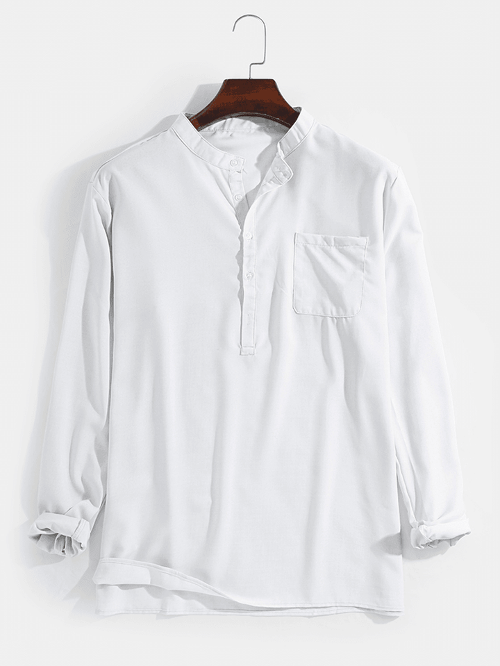 Mens Linen Solid Color Simple 7 Color Casual Long Sleeve Henley Shirts with Pocket - MRSLM