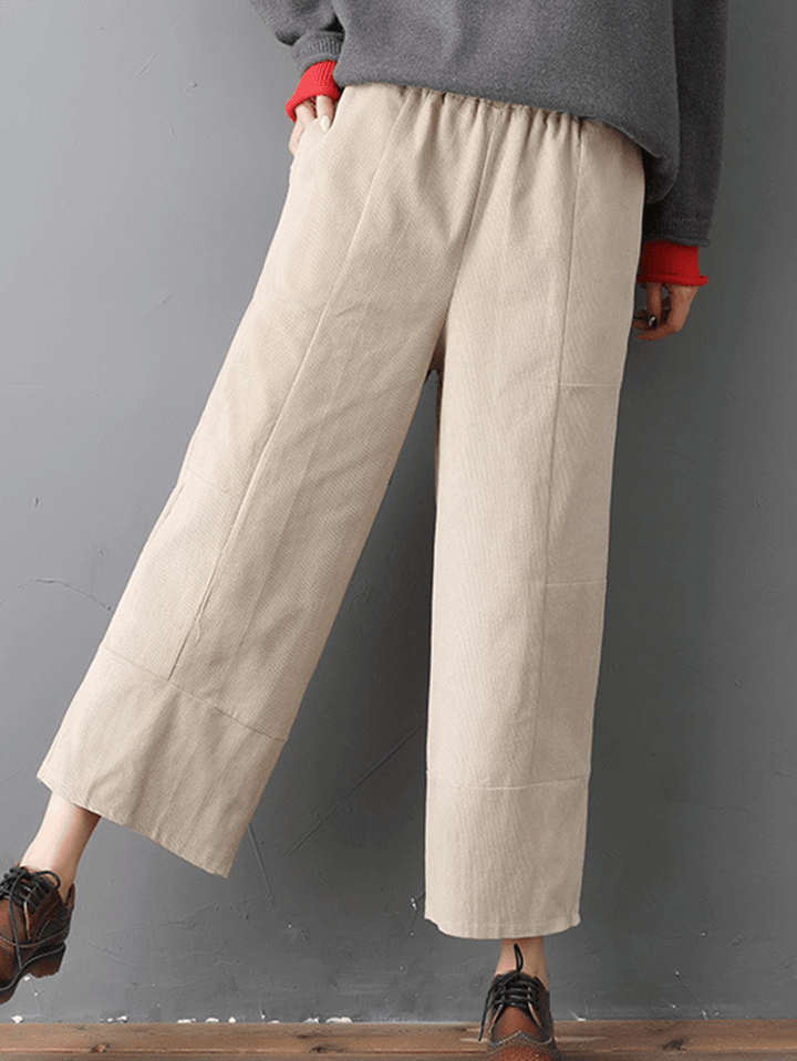 Women Pure Color Elastic Waist Pockets Corduroy Pants - MRSLM