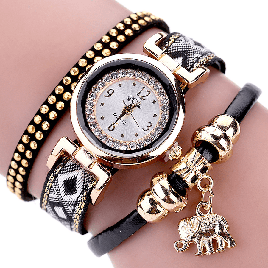 DUOYA XR1889 Fashionable Gold Elephant Ladies Bracelet Watch Leather Strap Quartz Watches - MRSLM