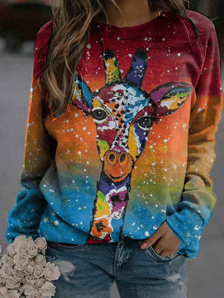 Women Colorful Giraffe Print Long Sleeve Sweatshirts - MRSLM