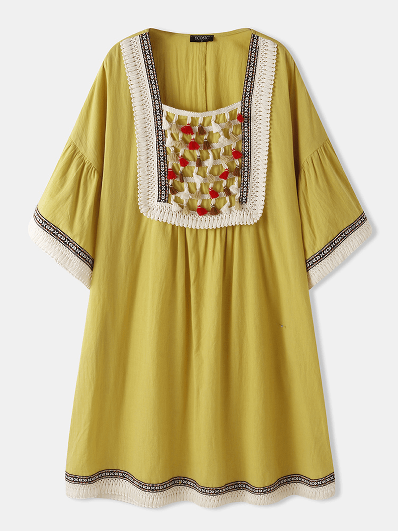 Women Bohemia Tassel Design Square Collar Midi Dress with Pocket - MRSLM