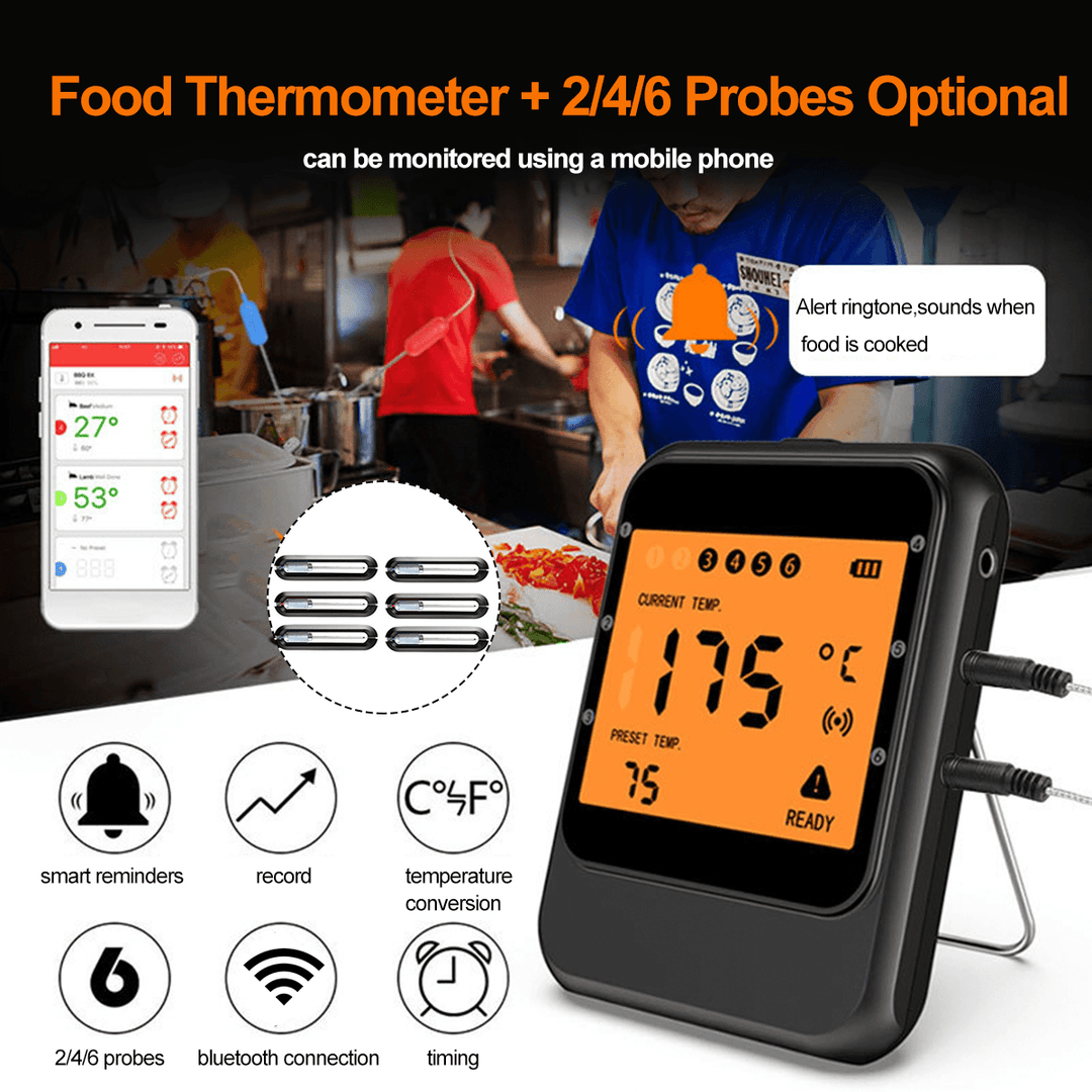 Wireless Smart Meat Thermometer 2/4/6PCS Probes BBQ Thermometer for IOS Android for Kitchen - MRSLM