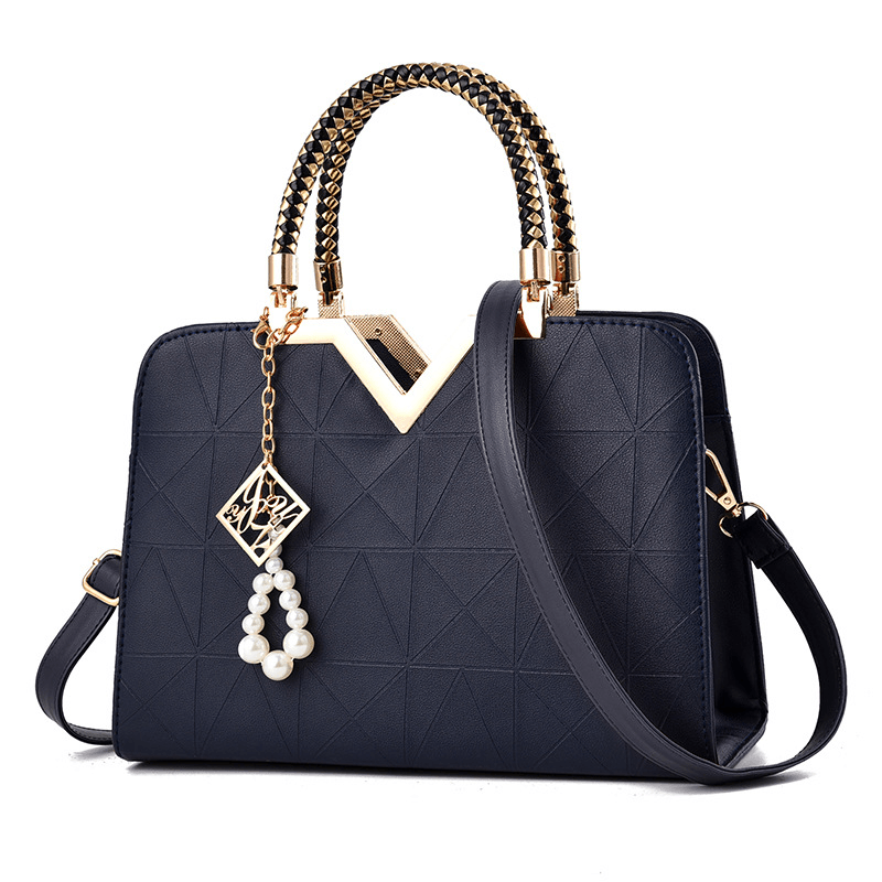Elegant Women Golden Top Handle Satchel Handbag Tote Purse Shoulder Bag with Bead Pendant - MRSLM