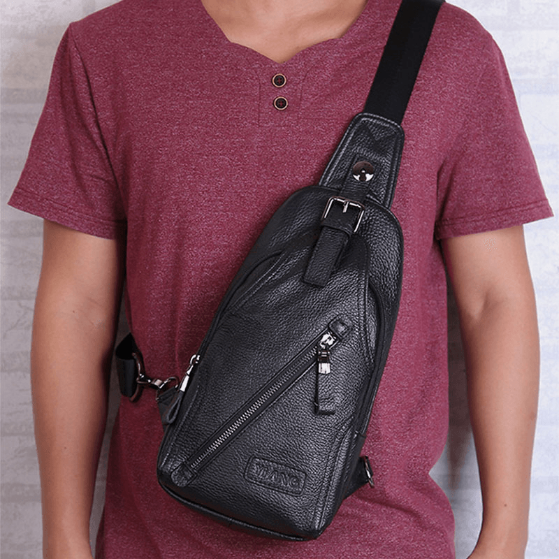 Men Genuine Leather Chest Bag Shoulder Bag Crossbody Bag - MRSLM