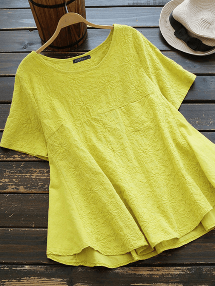 Vintage 100% Cotton Solid Floral O-Neck Short Sleeve Shirts - MRSLM