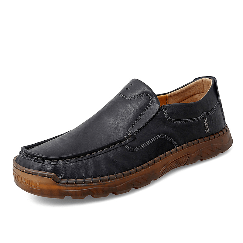 Menico Men Cowhide Breathable Hand Stitching Soft Sole Slip on Solid Casual Loafer Shoes - MRSLM