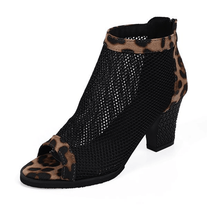 Women Casual Mesh Breathable Chunky Heel Hollow Out Peep-Toe Pumps Shoes - MRSLM