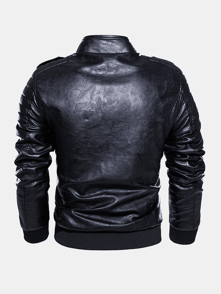 Mens Zipper Multi-Pocket Stand Collar PU Leather Motorcycle Jackets - MRSLM