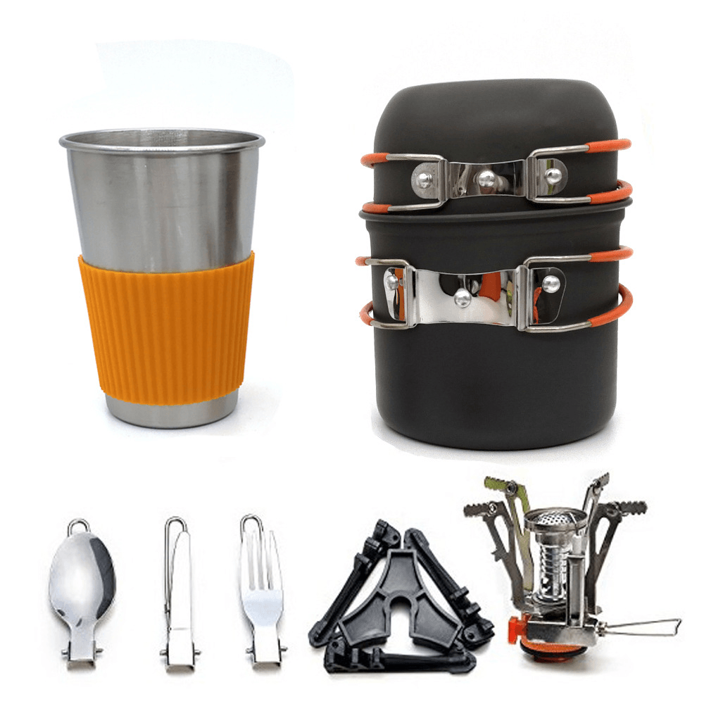 10 Pcs 1-2 People Camping Cookware Set Stove Burner Pots Bowl Gas Tank Holder Water Cup Foldable Tableware Outdoor Picnic - MRSLM