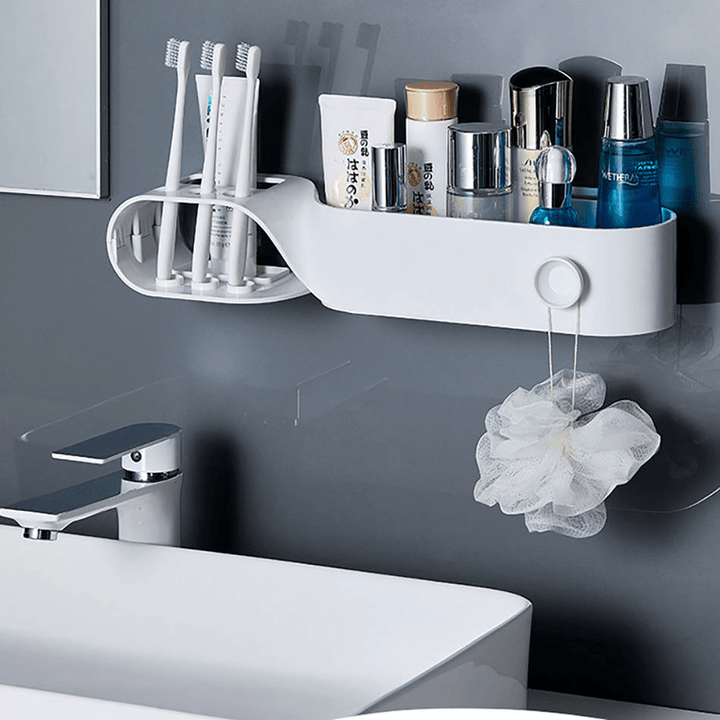 Wall-Mounted S Shape Toothbrush Holder Waterproof Strong Load-Bearing Storage Rack Nail-Free Bathroom Shelf - MRSLM