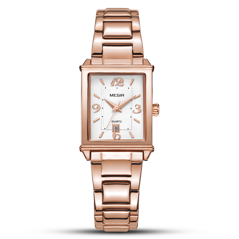 MEGIR Retro Fashion Square Pattern Dial Stainless Steel Strap Women Wristwatch Quartz Watch - MRSLM