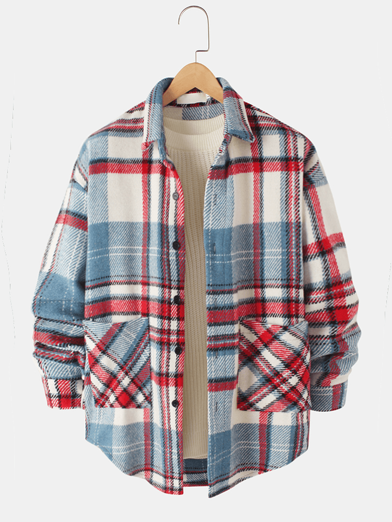 Mens Woolen Plaid Double Pockets Lapel Relaxed Fit Loose Jackets - MRSLM