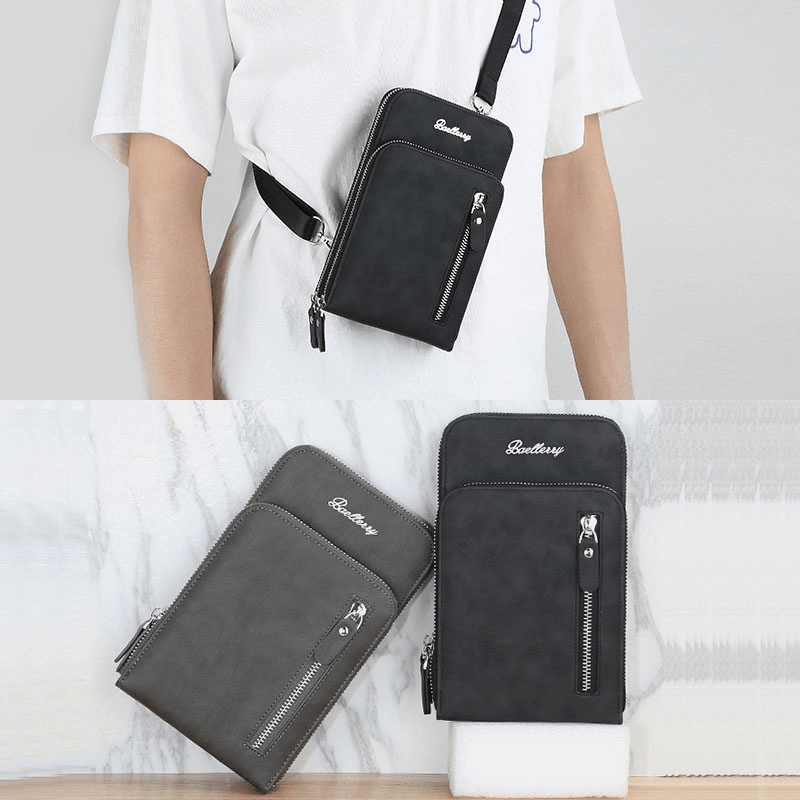 Baellerry Men Faux Leather Multifunction Vertical Large Capacity Double Zipper 6.3 Inch Phone Bag Crossbody Bag Wallet - MRSLM