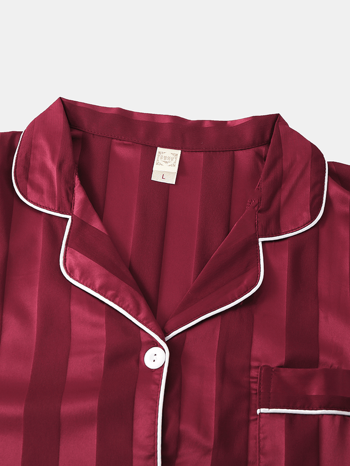 Women Silk Vertical Stripes Chest Pocket Long Sleeve Shirt Nightdress - MRSLM