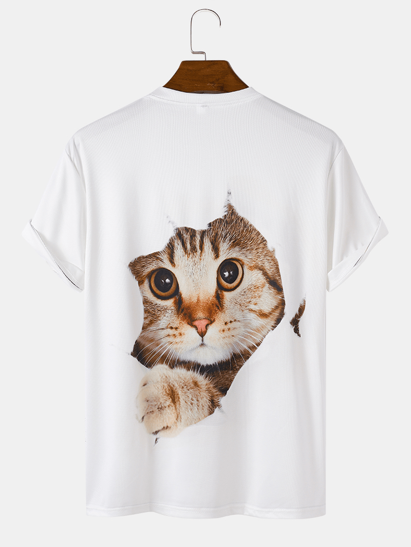 Mens 3D Cute Cat Print Solid Casual Loose Short Sleeve T-Shirt - MRSLM
