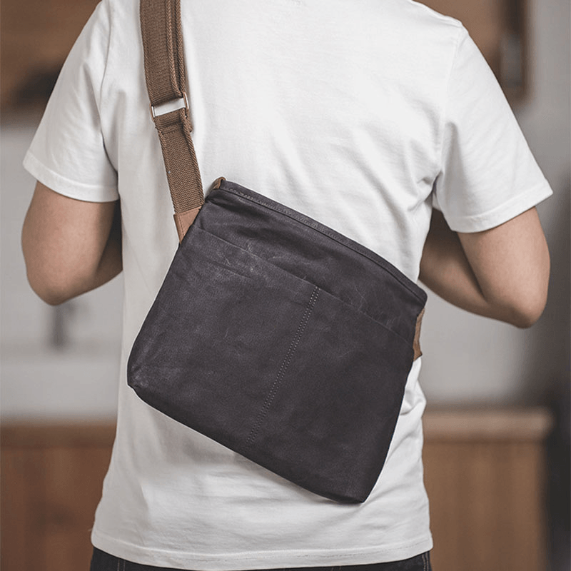 Men Simple Oil Wax Canvas Messenger Bag Waterproof Reinforced Polyester Webbing Crossbody Bag Shoulder Bag - MRSLM