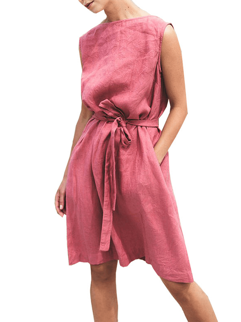 Solid Belted Sleeveless Dress - MRSLM