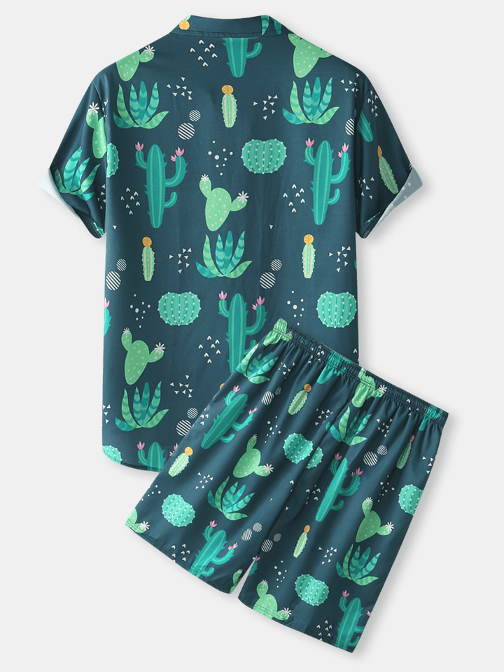 Mens Cactus Plant Print Lapel Drawstring Shorts Holiday Two Pieces Outfits - MRSLM