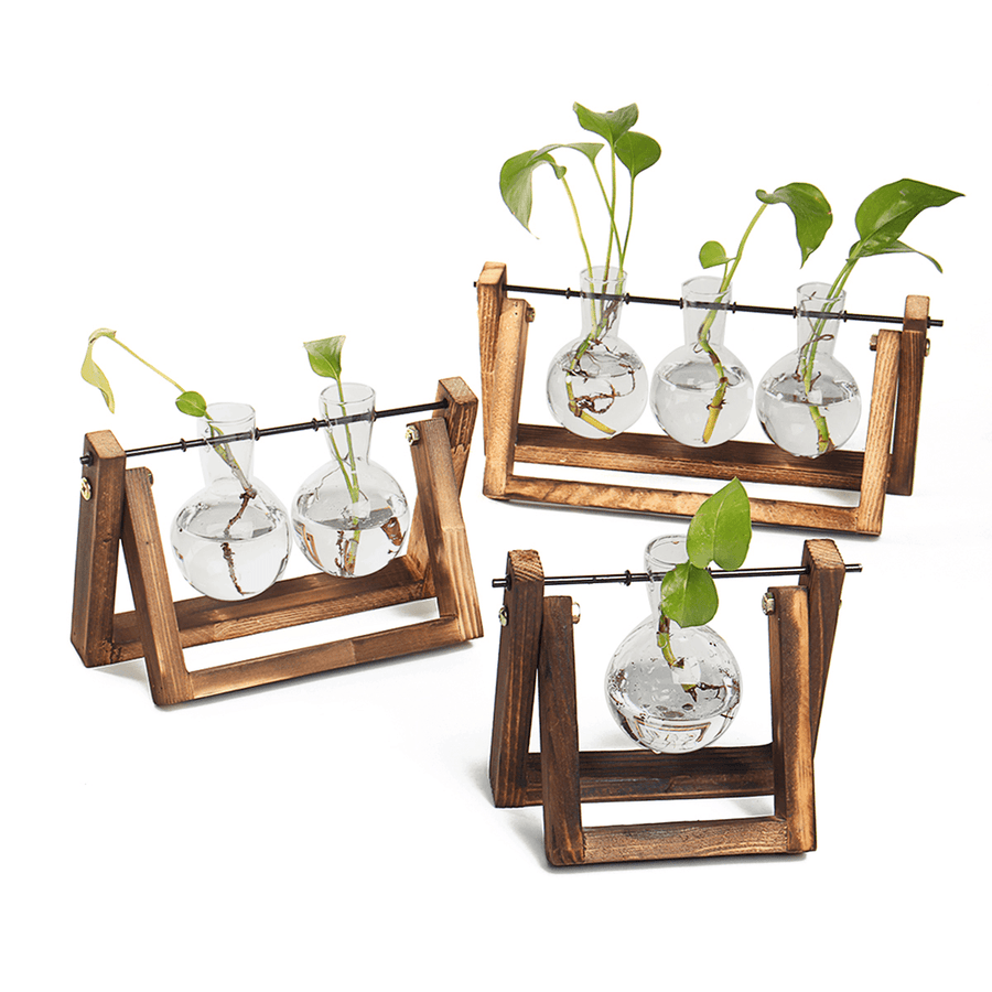 Mini Hanging Glass Tabletop Hydroponic Flower Pot Vase with Wooden Tray - MRSLM