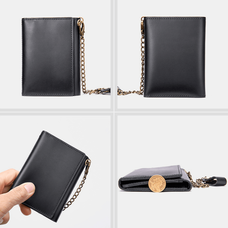 Men Genuine Leather RFID Solid Color Business Retro Personality Style Multi-Slot Card Holder Wallet with Chain - MRSLM