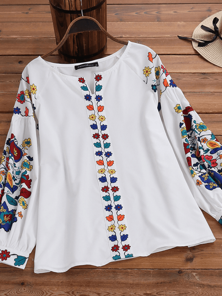 Puff Sleeve Casual Loose O-Neck Floral Ethnic Style Blouse - MRSLM