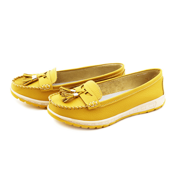 Casual Soft Leather Tassels Flat Shoes Slip on round Toe Loafer Shoes - MRSLM