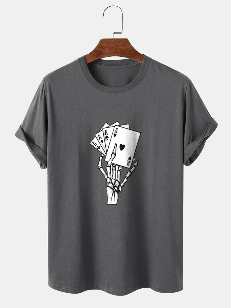 Mens Poker Skeleton Hand Graphics Street 100% Cotton Short Sleeve T-Shirt - MRSLM